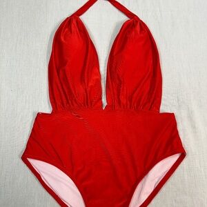 NWT Parici Red Deep Plunging Backless Neckline One Piece Swimsuit size Large